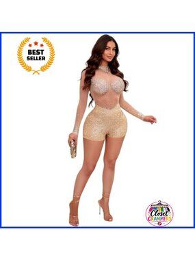 Rhinestone Mesh See Through Long Sleeve Jumpsuit Romper Bodycon
